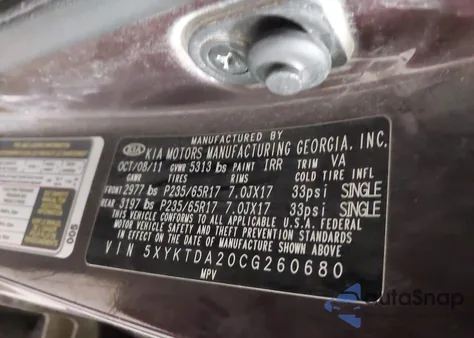 2012 Kia Sorento Lx V6 из США, поврежденный, VIN 5XYKTDA20CG260680